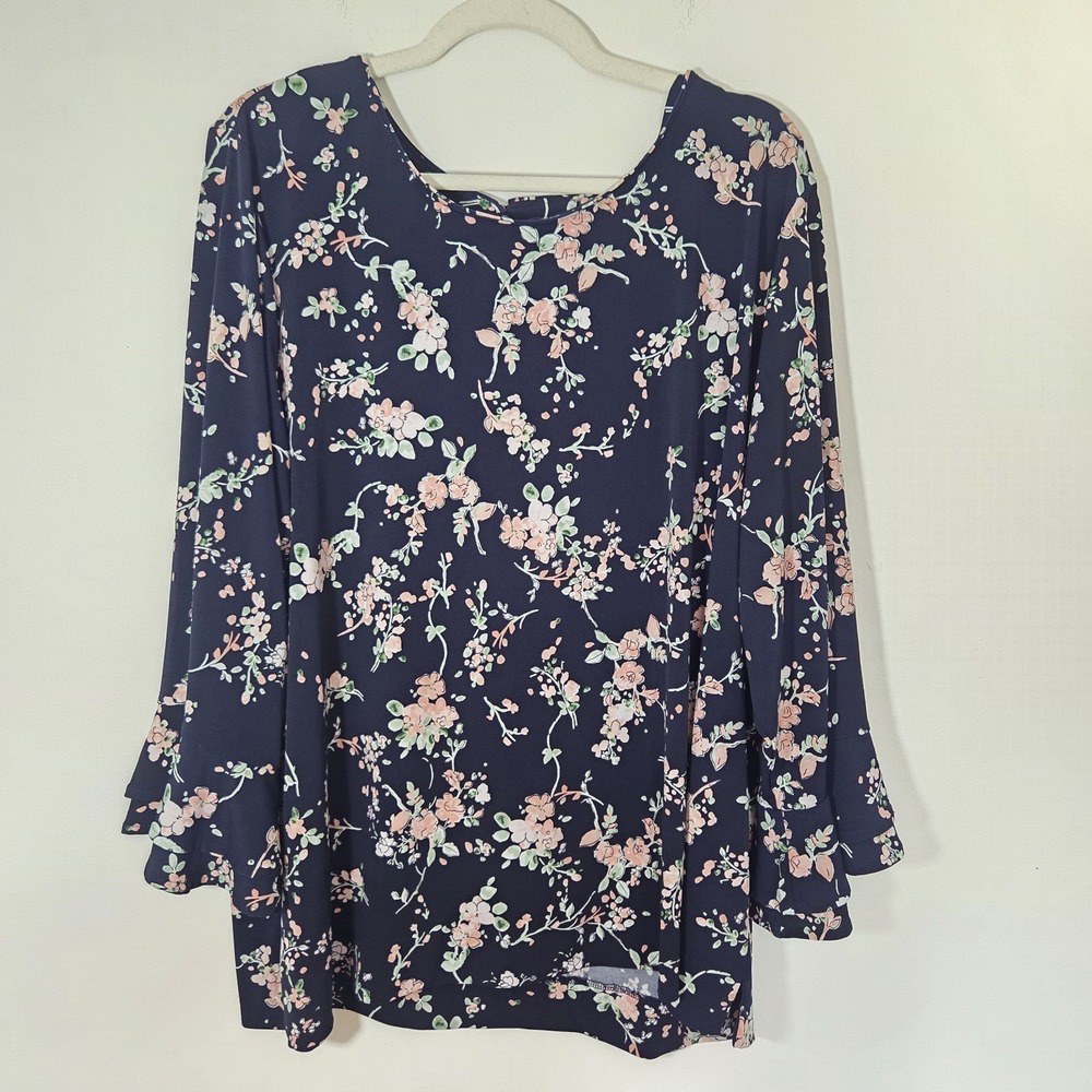 Karl Lagerfeld Paris Womens 3X Stretch Black Floral Tunic 3/4 Ruffle Sleeve Flow